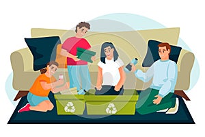 Family sorting segregating waste. Vector flat cartoon illustration. Ecological people lifestyle. Recycling concept