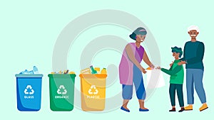 Family sorting trash and recycling waste, people collecting garbage, vector illustration