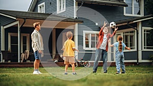 Family Spending Leisure Time Outside with Kids, Grandfather Playing with Ball with a Children