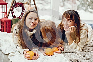 Family spending time at home in a christmas decorations