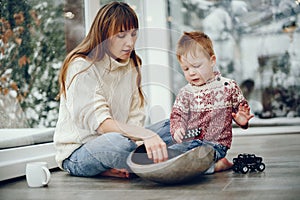 Family spending time at home in a christmas decorations