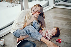 Family spending time at home in a christmas decorations