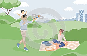 Family spending time together at summer picnic vector flat illustration. Mother father and child playing outdoor.