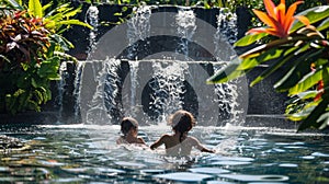 A family splashing in a large pool with a waterfall surrounded by lush green trees and bright flowers. The pool is