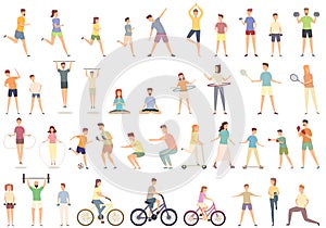 Family sport activity icons set cartoon vector. Home exercise