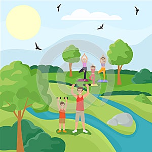 Family sport character father son workout exercise, woman practice yoga forest park flat vector illustration. Outdoor