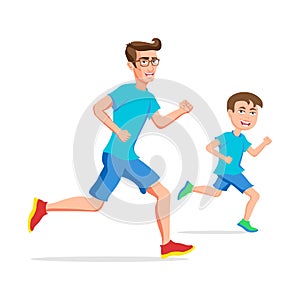 Family sport father and son running or jogging parent and child vector isolated character outdoor activity schoolboy and dad