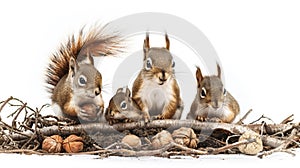 A family of squirrels gathers on twigs with nuts, portraying curiosity and alertness