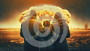The family stands with their backs looking at a nuclear explosion.