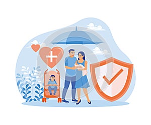 The family stands under the insurance umbrella. Get health and life insurance.