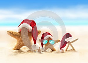 Family of starfish on summer beach and Santa hat. Merry Christmas