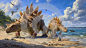 A family of Stegosauruses basking in the warm sun on a sandy beach their distinctive plates and spikes glistening