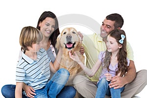 Family stroking dog