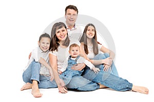 Family Studio Portrait, Happy Parents and Three Children on White