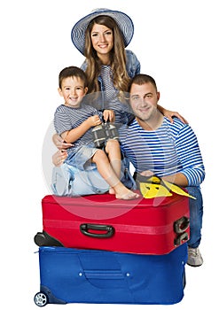 Family Suitcase, Parents Child on Luggage, People and Travel Bag