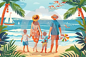 Family summer beach fun. trendy printmaking style illustration of people enjoying vacation day photo