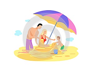 Family summer beach vacation at sea. Mom, dad and baby. Holidays at sea. Build sand castles. Vector flat illustration.