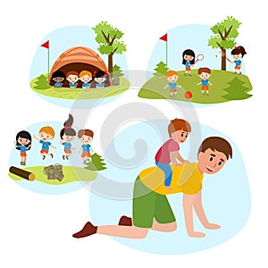 Family Summer camping flat vector illustration.Father piggyback riding a son, children playing tennis and football in