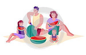 Family on a summer picnic eating watermelon. The concept of family vacation  pastime. Vector illustration in flat cartoon style.