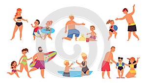 Family summer vacation. Dad relaxed, ocean happy holidays. Mother father and children on beach. Cartoon people walking