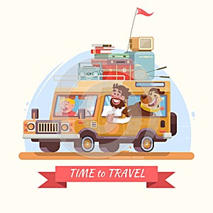 Family summer vacation Orange car with suitcases Vector illustration