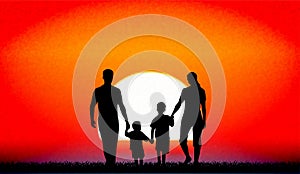 Family at sunset vector illustration