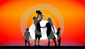 Family at sunset vector illustration