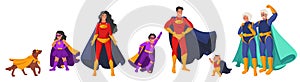 Family of superheroes, cartoon character set, flat vector illustration. Grandparents parents kids in super hero costumes
