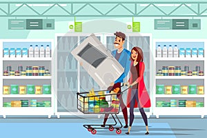 Family in supermarket flat vector illustration