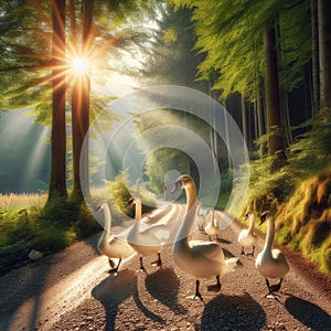 A family of swans gracefully walks down a gravel road through a forest on a sunny day