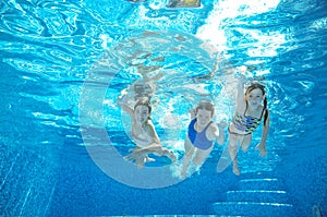 Family swim in pool or sea underwater, mother and children have fun in water