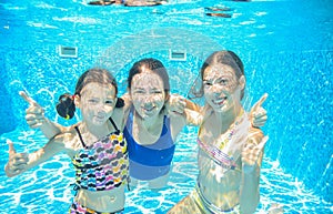 Family swim in pool or sea underwater, mother and children have fun in water