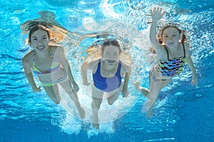 Family swim in pool or sea underwater, mother and children have fun in water