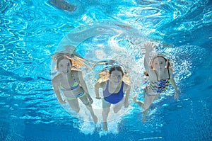 Family swim in pool or sea underwater, mother and children have fun in water