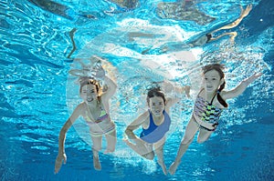 Family swim in pool or sea underwater, mother and children have fun in water