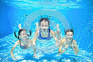 Family swim in pool underwater, happy active mother and children have fun in water, kids sport