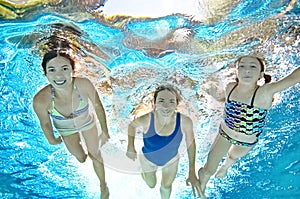 Family swims underwater in swimming pool, happy active mother and children have fun under water, fitness and sport with kids