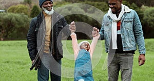 Family, swinging and park walk with grandfather, dad and child happy outdoor with fun. Care, African senior man and