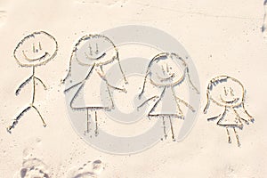 Family symbol drawn on beach white sand