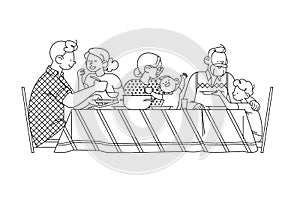 Family at the table portrait. Happy parents, grandparents and children having dinner together, chatting, hug each other  isolated