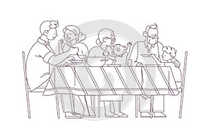 Family at the table portrait. Happy parents, grandparents and children having dinner together, chatting, hug each other  isolated