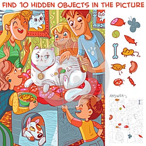 Family takes care of cat. Find 10 hidden objects photo