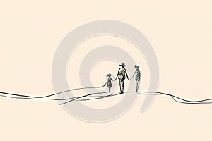 Family taking a walk together in a continuous black line art drawing