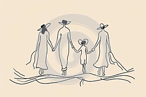 Family taking a walk together in a continuous black line art drawing