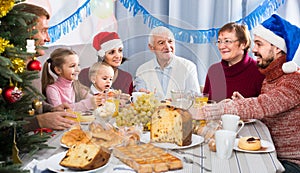 Family talking animatedly during Christmas dinner