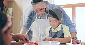 Family, teaching and knife for preparation of food for vegetarian dinner in kitchen. Mexican, happy man and boy for