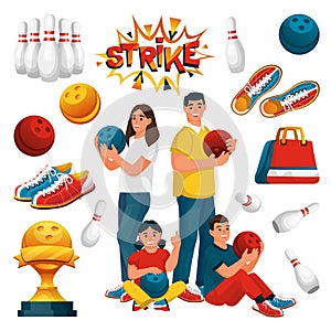 Family team plays bowling. Father, mother and two kids with bowling balls. Vector flat cartoon illustration