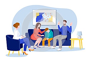 Family with teenage boy in office of psychologist. Vector illustration. Psychotherapy, psychological counseling concept