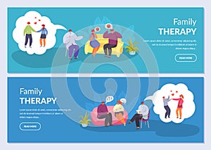 Family therapy, psychotherapy, couple husband and wife talking to psychologist, vector illustrations banners set.