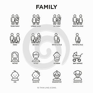 Family thin line icons set: mother, father, newborn, son, daughter, lesbian, gay, single mother and child, grandmother,